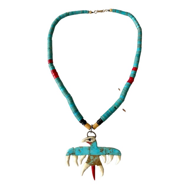 Rare Mid-Century Native American Turquoise Necklace With Eagle Pendant For Sale