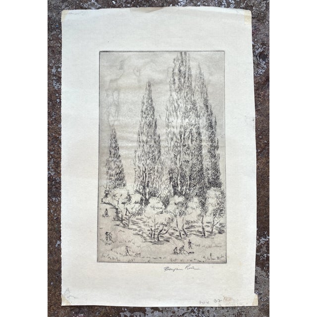 Benjamin Rubin (1896 - 1998) landscape etching with figures. Signed lower right.