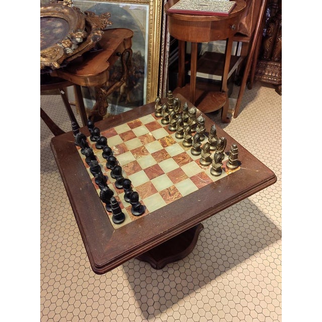 Rosewood Chess Table with Marble Top and Chess Set in Brass and Bronze, 1930s For Sale - Image 4 of 15