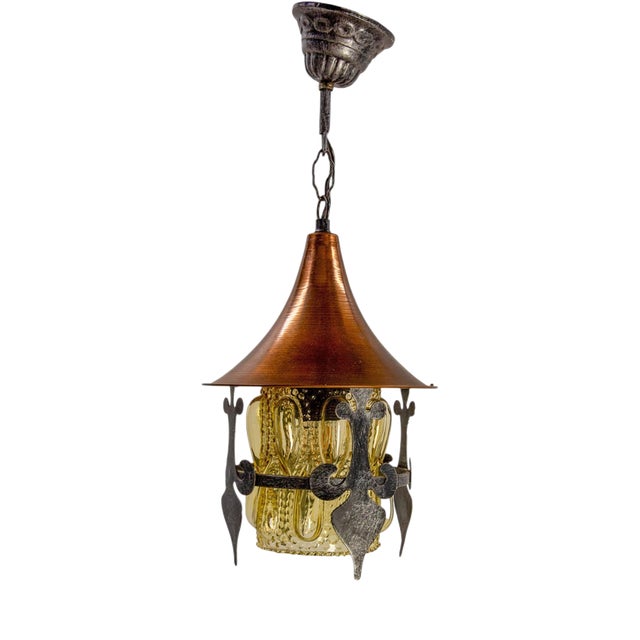French Pendant Light in Iron, Copper and Glass, 1900s For Sale
