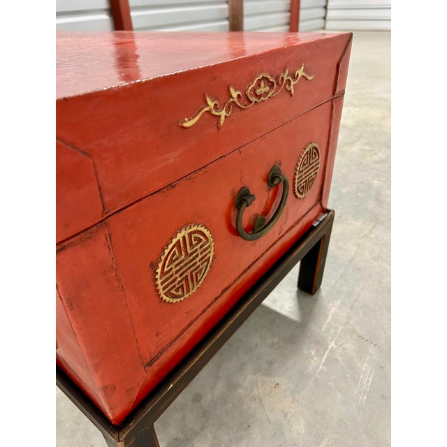 Red Fabulous Vintage Chinese Lacquered Pigskin Trunks, A Pair For Sale - Image 8 of 12