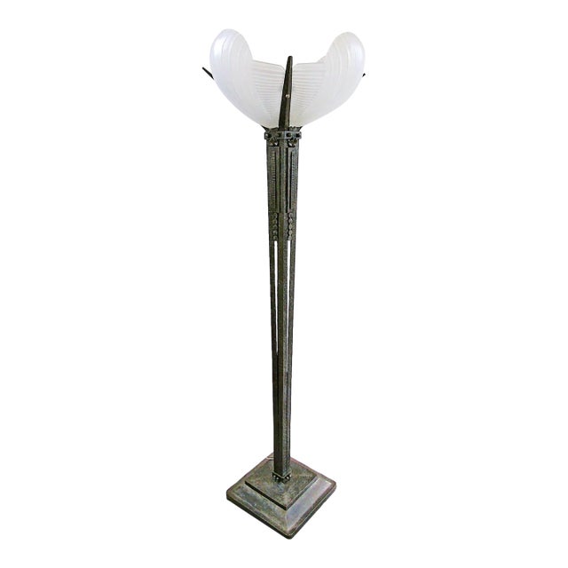1930s French Art Deco Wrought Iron and Sculpted Frosted Glass Torchiere Floor Lamp Attributed to Atelier Petitot and Muller Frères For Sale