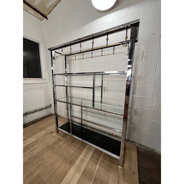 Hollywood Regency Vintage 1980s Mastercraft-Style Chrome, Brass & Glass Étagère For Sale - Image 3 of 10