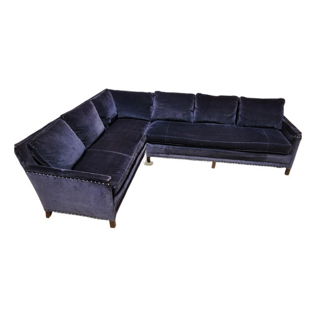 Lillian August Blue Velvet Two-Piece Sectional Sofa For Sale