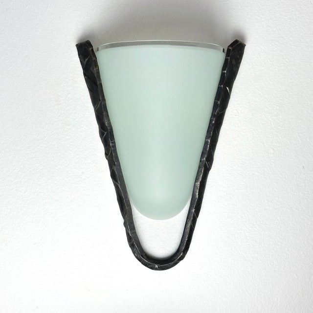 Metal Postmodern Frosted Glass and Hammered Iron Wall Sconces For Sale - Image 7 of 13