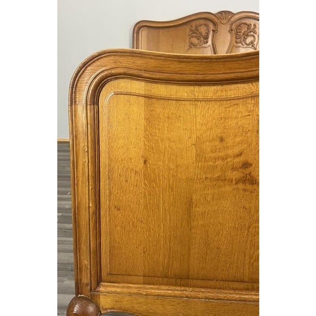 Wood Vintage French Louis XVI Style Oak Double Bed Frame with Carved Headboard For Sale - Image 7 of 13