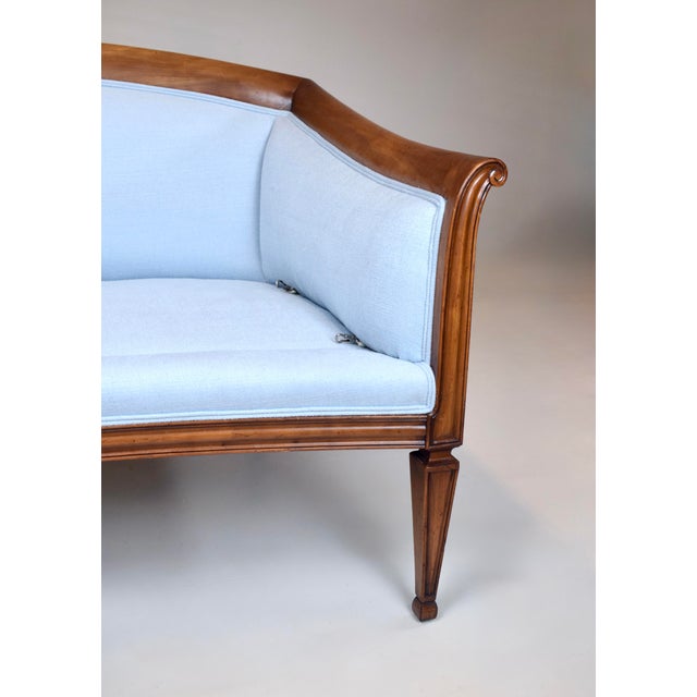 1970s French Directoire Style Sofa, Hand Carved Cherry, Light Blue For Sale - Image 5 of 18