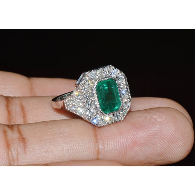 Gia Certified 3.98ct Natural Zambian Emerald & Diamond Tiered Halo Milgrain 18k White Gold Ring, Size 6.5 For Sale - Image 10 of 16