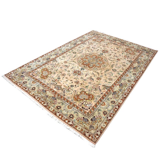 2000 - 2009 Vintage Persian Tabriz Wool & Silk 6x9 Mauve & Green Handmade Area Rug #1144055 For Sale - Image 5 of 12
