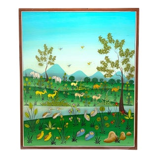Mid 20th Century Arturo Alcala Mexican Folk Art Painting – Landscape With Birds, Owls, Elephants For Sale