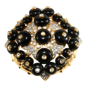 Vintage Brooch Black Embellished Beads & Clear Rhinestones