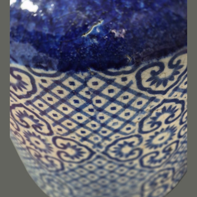 Vintage Spanish Blue & White Glazed Heavy Earthenware Pottery Vase 10.75'' High For Sale - Image 4 of 7