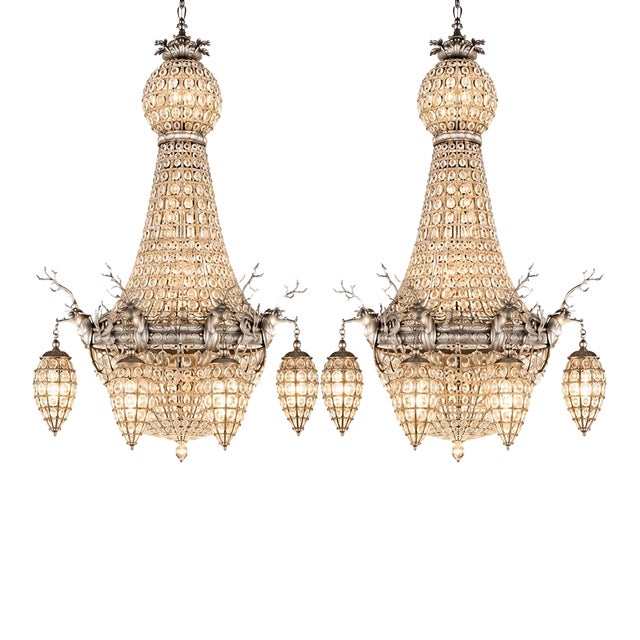 1960s French Silver Bronze Deer Chandeliers - Pair For Sale