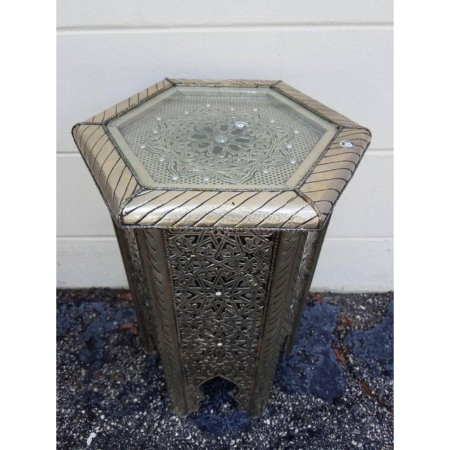 Moroccan Moroccan Hexagonal Metal Inlaid Side Table For Sale - Image 3 of 7