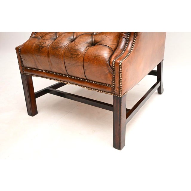 Brown Deep Buttoned Leather Wing Back Armchair, 1930s For Sale - Image 8 of 9