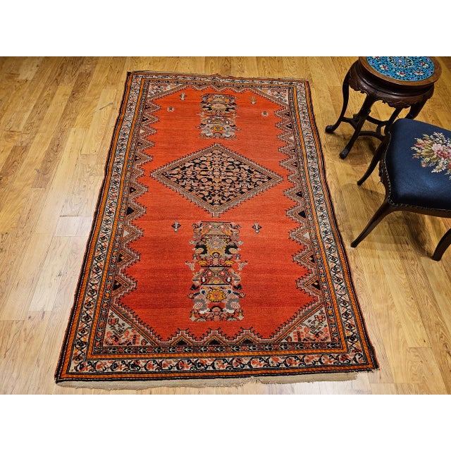 1900 - 1909 Vintage Malayer Area Rug, Hand-Knotted Wool, Geometric Tribal Pattern, 4x7, Terracotta & Navy For Sale - Image 5 of 18