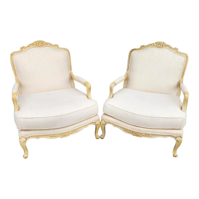 Drexel Heritage Louis XV French Armchairs Linen For Sale