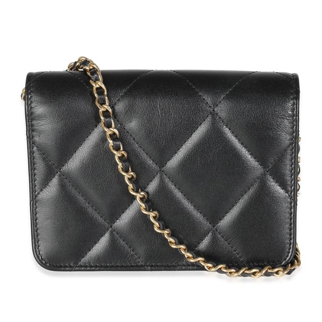 Traditional Black Quilted Calfskin Strass Mini Flap Bag For Sale - Image 3 of 9