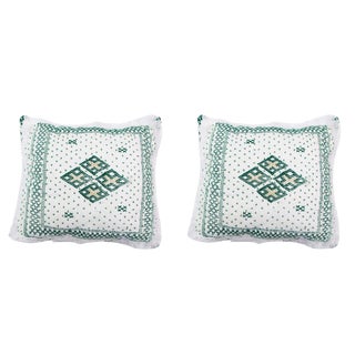 Handmade Moroccan Green & White Moroccan Wedding Pillow- A Pair For Sale