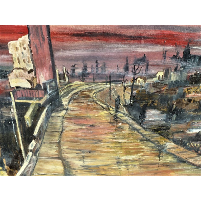 1970s Original Expressionist Oil Painting "Holocaust" by Geraldine J. Vanderbeek – Large Signed Post-War Cityscape For Sale - Image 4 of 11