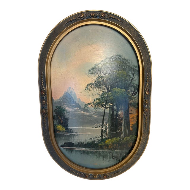 Vintage Atmospheric Mountain Landscape Painting in Ornate Oval Frame For Sale
