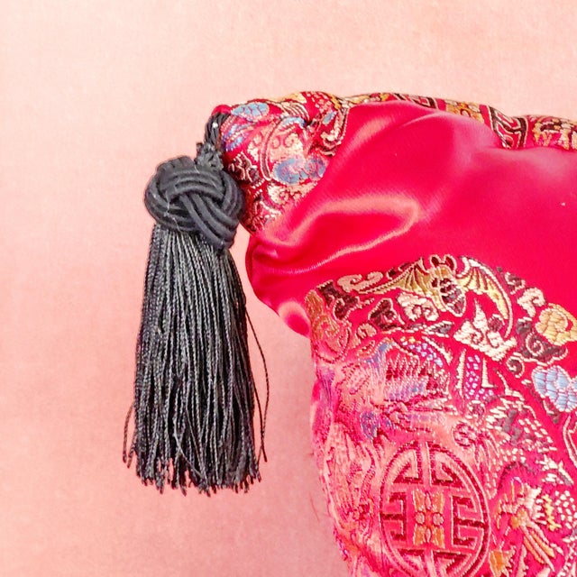 Textile Asian Red Satin Silk Jacquard Decorative Knotted Tassel Pillow For Sale - Image 7 of 9