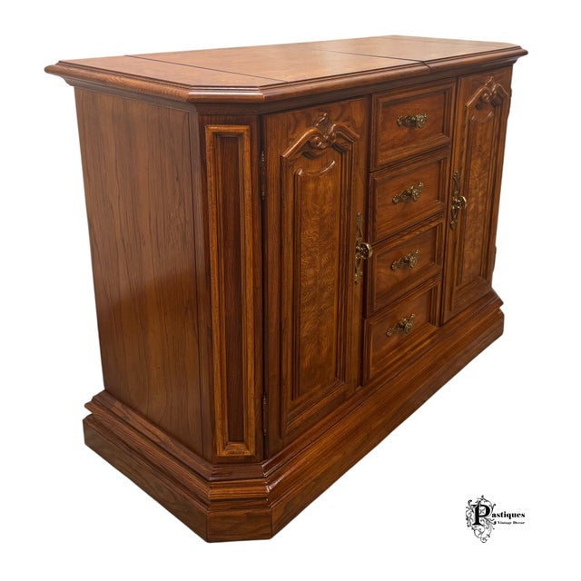 Brown Vintage American of Martinsville French Country Style Oak & Burl Wood Flip Top Server / Storage Cabinet For Sale - Image 8 of 12