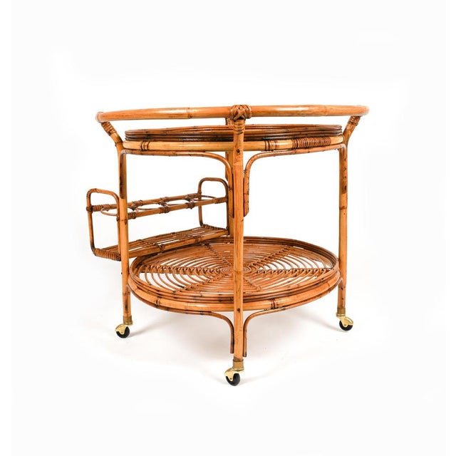 Mid-Century Rattan and Bamboo Round Serving Bar Cart, Italy 1960s For Sale - Image 15 of 18