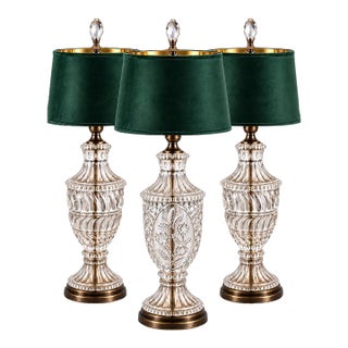 Mid 20th Century Coordinated Trio of Yugoslavian Crystal Lamps With Emerald Velvet Shades - Set of 3 For Sale
