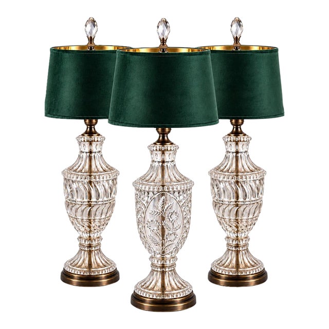 Mid 20th Century Coordinated Trio of Yugoslavian Crystal Lamps With Emerald Velvet Shades - Set of 3 For Sale