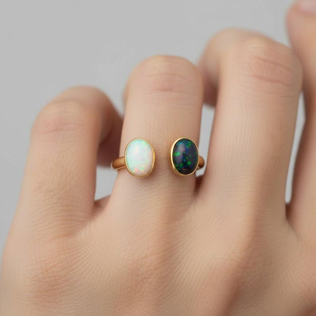 White Toi Et Moi Gemstone Ring: White Opal and Black Opal, Size 7.5 For Sale - Image 8 of 9