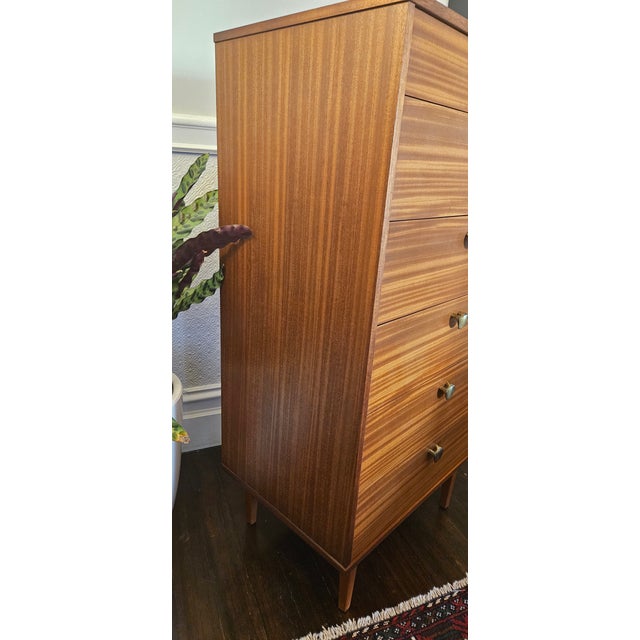 Mid-Century Modern Avalon Mid-Century Modern Teak Tallboy Chest of Drawers With Brass Hardware For Sale - Image 3 of 7