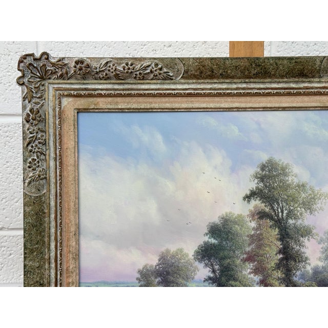 Wood Vintage Painting of Harvest Time in the English Countryside by British Artist 1990 Circa For Sale - Image 7 of 17