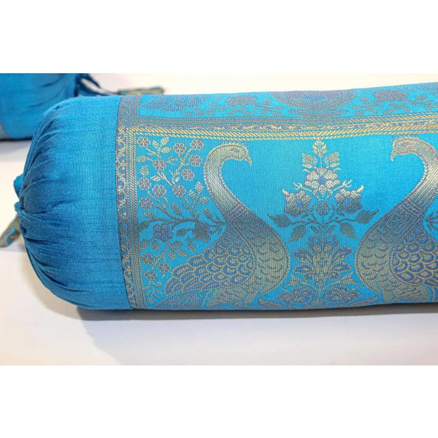 Metal Bolster Pillows Turquoise Blue and Gold Colors with Peacock - A Pair For Sale - Image 7 of 13