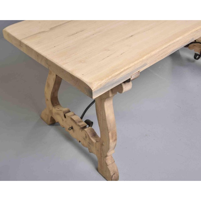 Italian Bleached Oak Trestle Table With Wrought Iron Stretcher For Sale In Detroit - Image 6 of 12