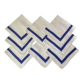 Linen Napkins With Navy Blue Border - Set of 8 For Sale