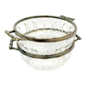 Vintage Mid Century Leonard Faceted Crystal Serving Bowls With Silver Plated Faux Bamboo Rims & Handles - a Pair