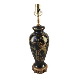 Vintage Hand Painted Enamel Black Figural Bird Chinoiserie Table Lamp Marked For Sale