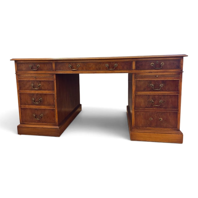 Twin Pedestal Desk with Burgundy Leather Top For Sale - Image 4 of 9