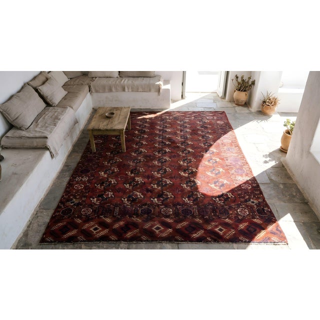 1870s Red Tribal Geometric Antique Russian Tekke Turkmen Carpet 7' X 10'6" Knotted Wool Rug For Sale - Image 15 of 15