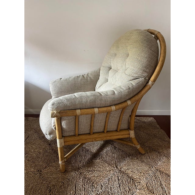 Brown McGuire Furniture Upholstered Bamboo Club Chair With Matching Ottoman For Sale - Image 8 of 10