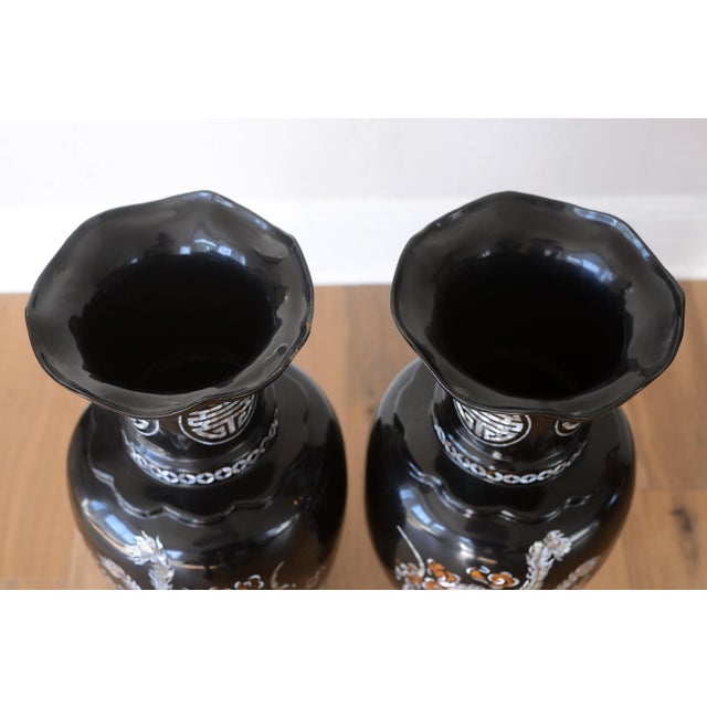 Paint Large Vintage 1960s Vietnamese Black Lacquer & Mother of Pearl Floor Vases - A Pair For Sale - Image 7 of 15