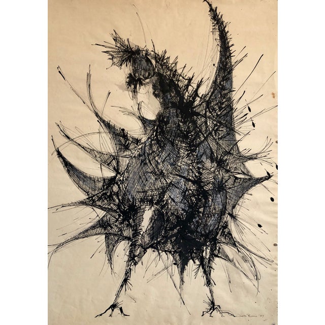 Judith Brown, Large Ink Drawing Abstract Expressionist Rooster Woman Artist Judith Brown, 1957 For Sale