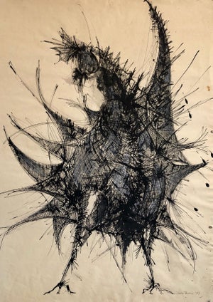 Judith Brown, Large Ink Drawing Abstract Expressionist Rooster Woman Artist Judith Brown, 1957