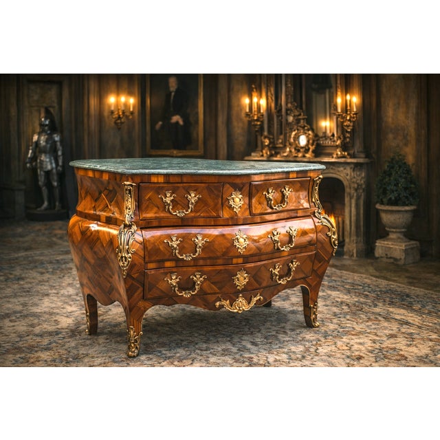 Late 19th Century French Louis XVI Mahogany Commode with Green Marble Top A refined and enduring example of 19th-century...