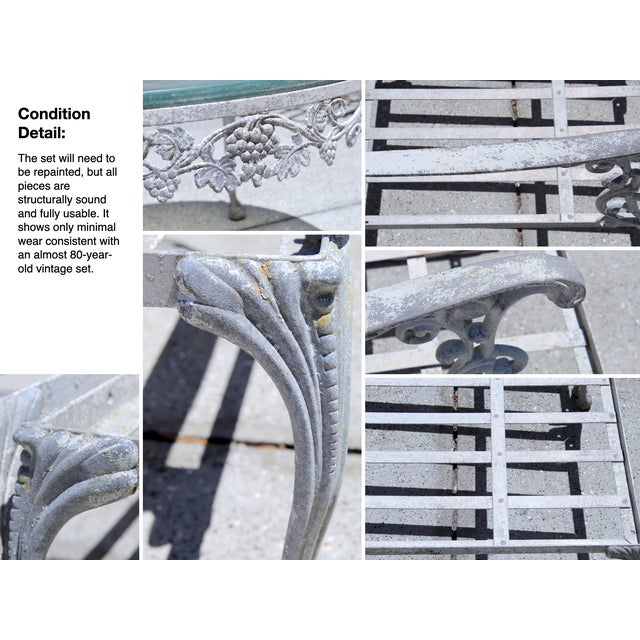 Vintage 1950s Cast Aluminum Patio Set | 5-Piece Outdoor Seating | Rocker Chairs + Bench + Glass Top Table | Hollywood Regency Garden Furniture For Sale - Image 18 of 18