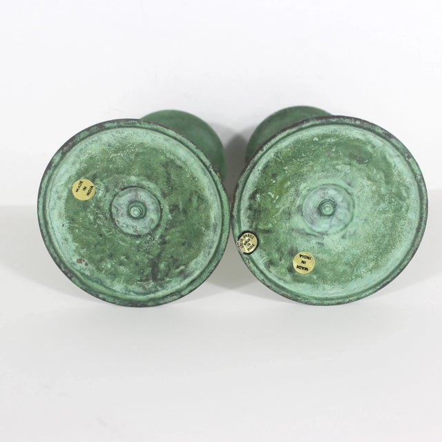 Late 20th Century Vintage Pair of Brass Candle Holders With Verdigris Patina Green Candleholder For Sale - Image 5 of 6