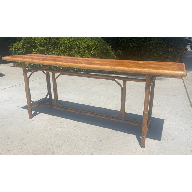 Authentic McGuire Vintage Rattan Console Table, Refinished Herringbone Wood Top For Sale In San Diego - Image 6 of 9