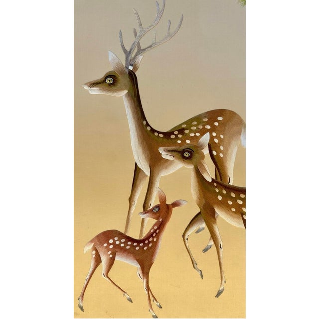 Antique Japanese Meiji Two-Panel Embroidered Silk Screen W/ Deer & Pine, C. 1880 For Sale - Image 11 of 18