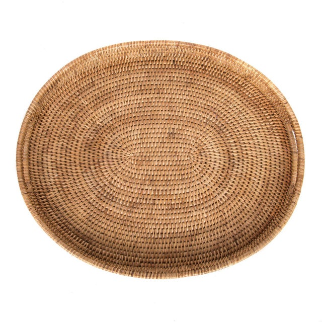 Boho Chic Artifacts Rattan Oval Tray With Cutout Handles, Honey Brown, 18" For Sale - Image 3 of 5